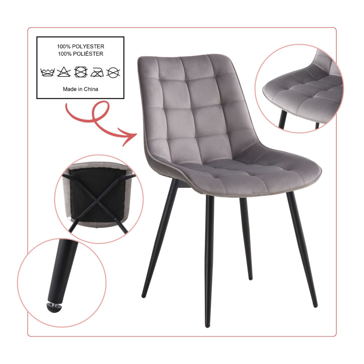 BHS LIVING Esszimmerstuhl, Küchenstuhl, Stuhl für den Wartebereich SERENA Polstersessel mit Samtstoff grau  55x53x88 cm